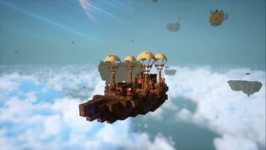 Full airship with multiple balloons soaring above clouds