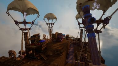 Airship deck with two balloons and arranged crafting stations