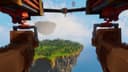 Aerial view upward through airship at floating forest island