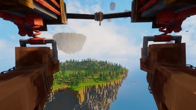 Aerial view upward through airship at floating forest island