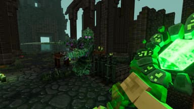 Large green glowing dragon boss fight in ancient stone ruins in Everwind