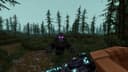 Stone golem with purple glowing eyes in a rainy dark forest biome in Everwind