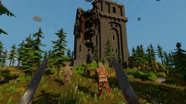 Stone tower ruins in a pine forest with enemy warriors approaching in Everwind
