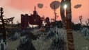 Industrial fortress in a dead wasteland biome under a pink sunset sky in Everwind