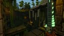Jungle dungeon interior with glowing green energy crystal and stone ruins