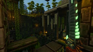 Jungle dungeon interior with glowing green energy crystal and stone ruins