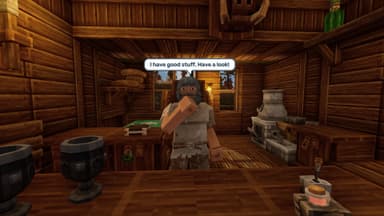 Merchant NPC inside shop with goods for sale