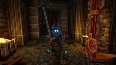 Armored Mortivar warrior with sword in stone dungeon corridor