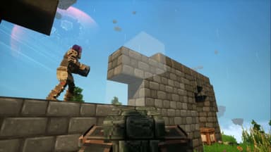 Player in armor placing stone blocks on floating island